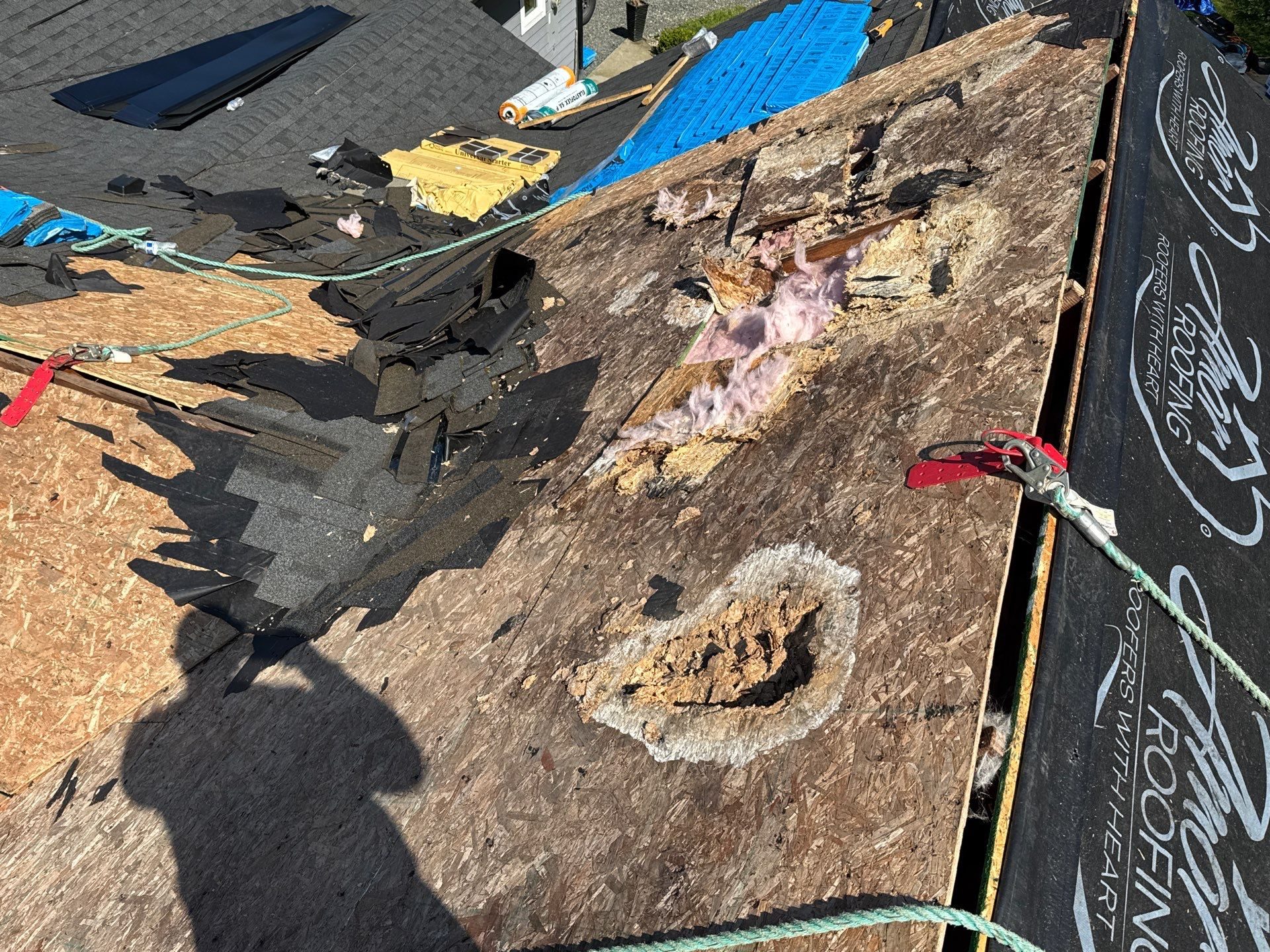 Pre-existing roof damage documented before Charcoal asphalt shingle replacement in Lake Stevens, WA