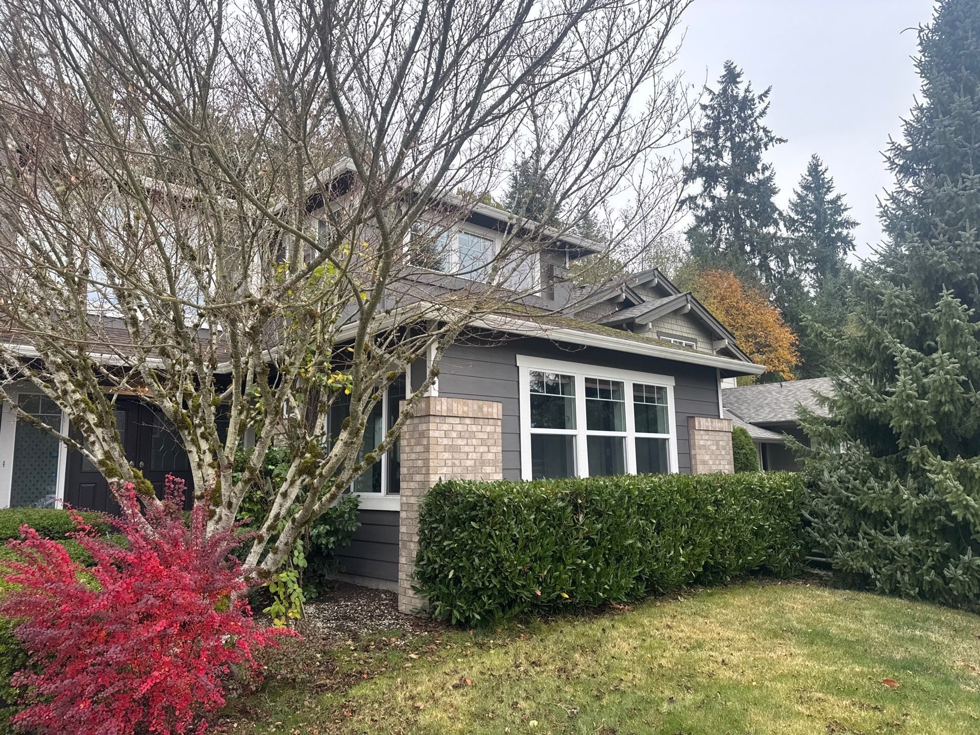 Aerial drone view of completed Storm Grey asphalt shingle roof on Lake Stevens, WA home by Amor Roofing