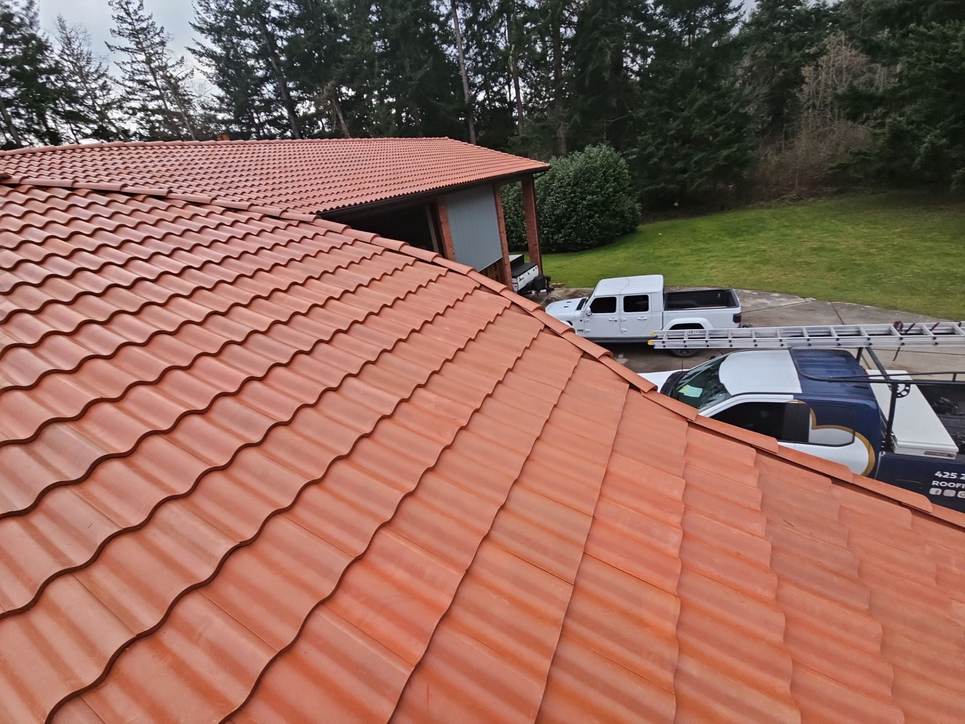 Architectural perspective of Antique Clay Brava Spanish barrel tile roof in Camano Island, WA