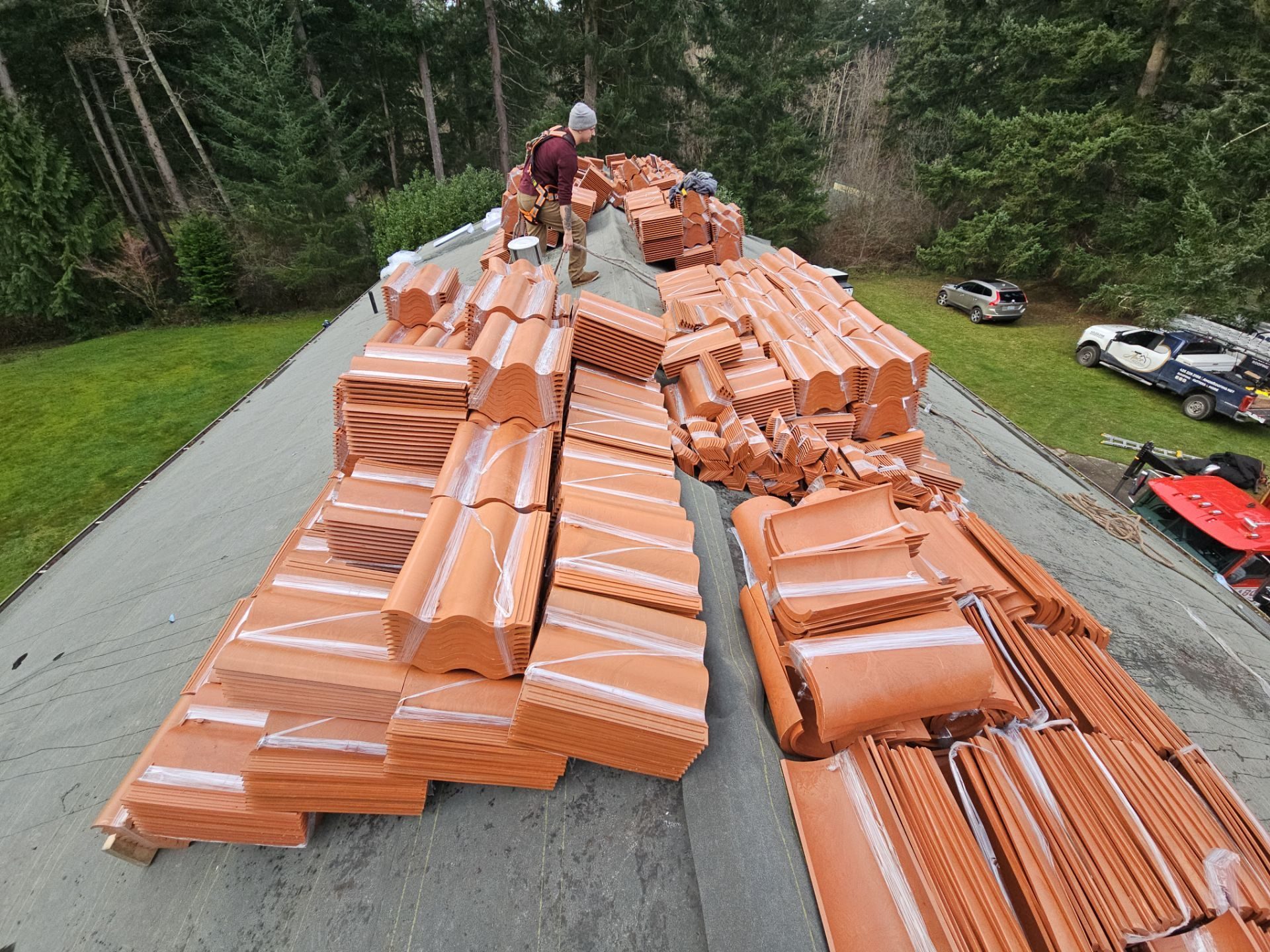 Amor Roofing site documentation: substrate preparation for Antique Clay Brava Spanish barrel tile install in Camano Island, WA