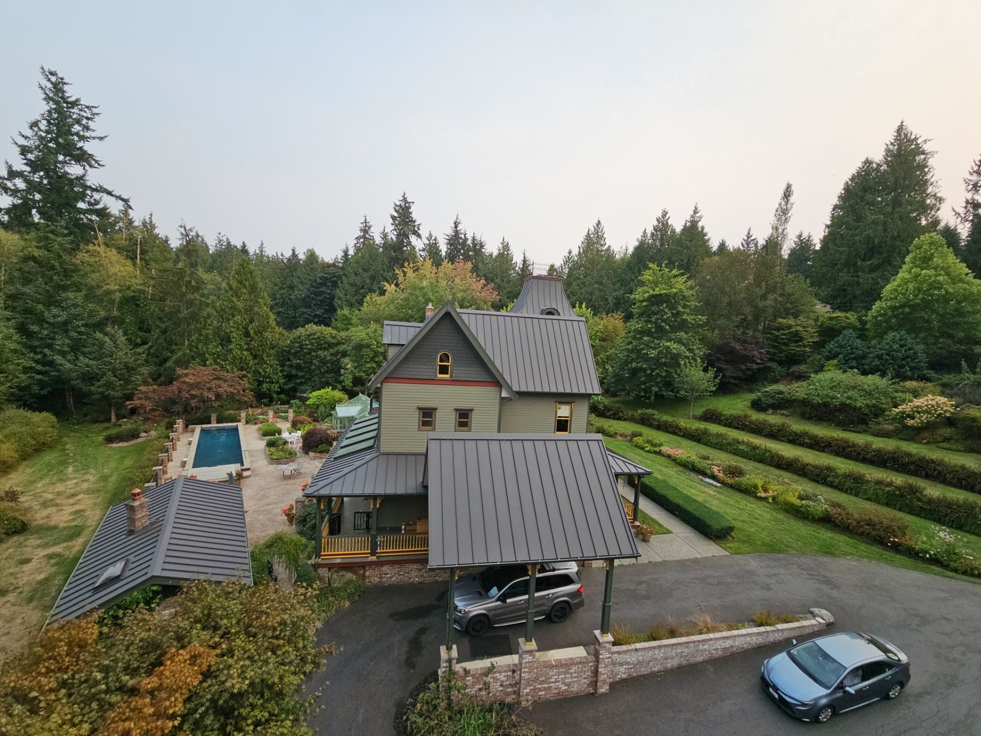 Wide angle of completed Black Carbon standing seam metal roof in Stanwood, WA