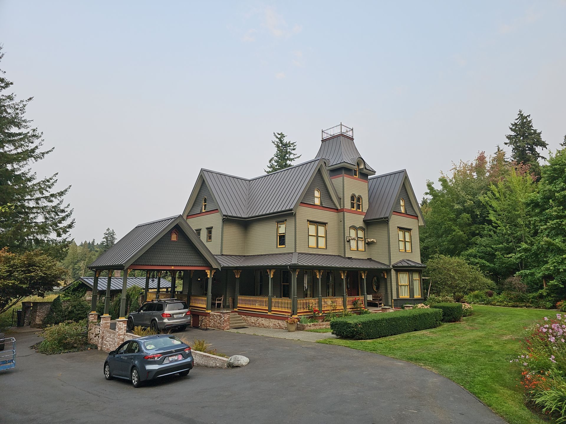 Aerial detail of Black Carbon standing seam metal roof in Stanwood, WA