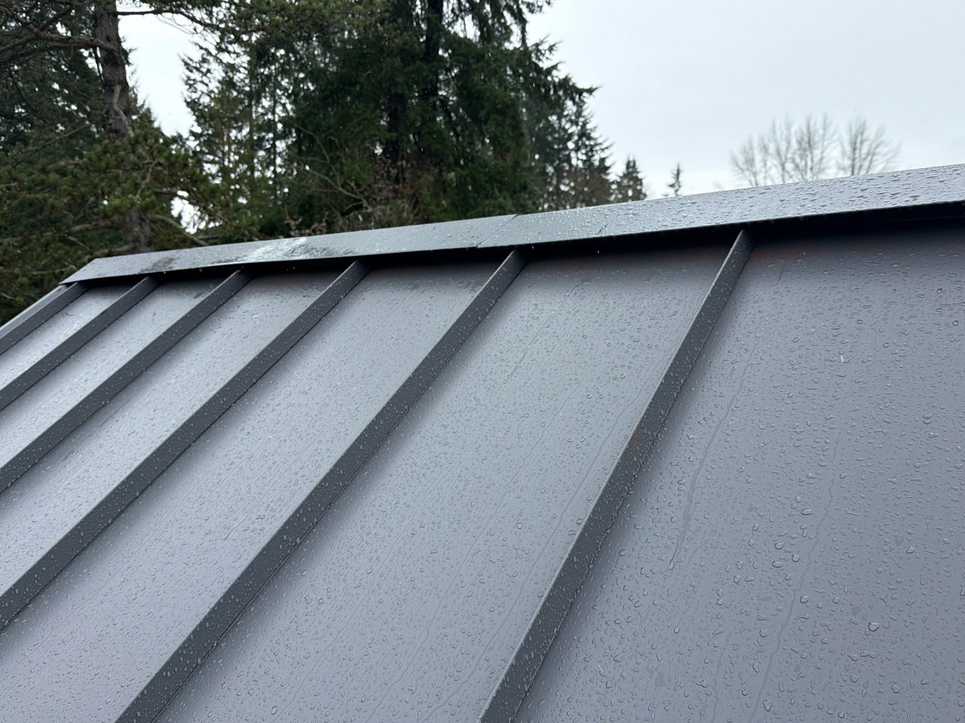 Detail of Cascade Gray standing seam metal roof showing craftsmanship in Woodinville, WA