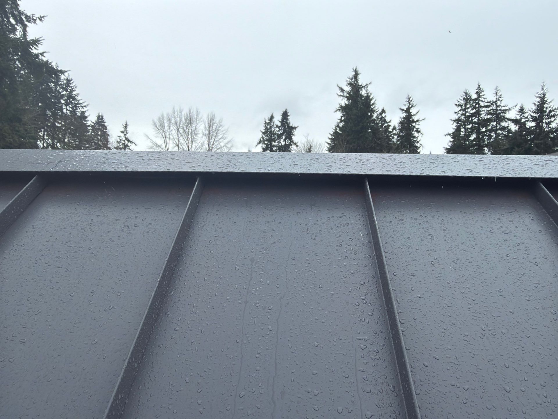Aerial drone view of completed Cascade Gray standing seam metal roof on Woodinville, WA home by Amor Roofing
