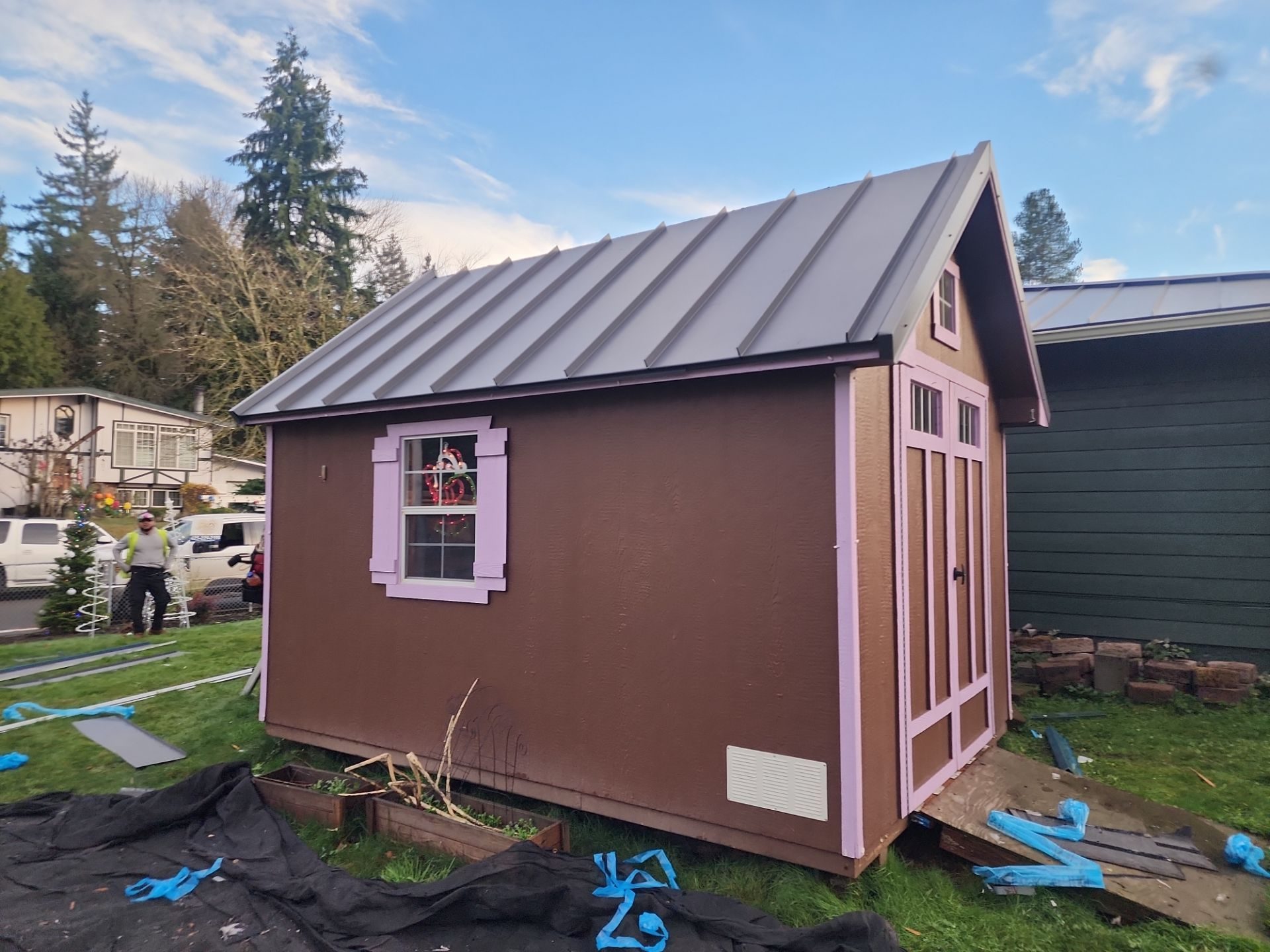 Cascade Gray standing seam metal roof installation on Woodinville, WA home, full property context