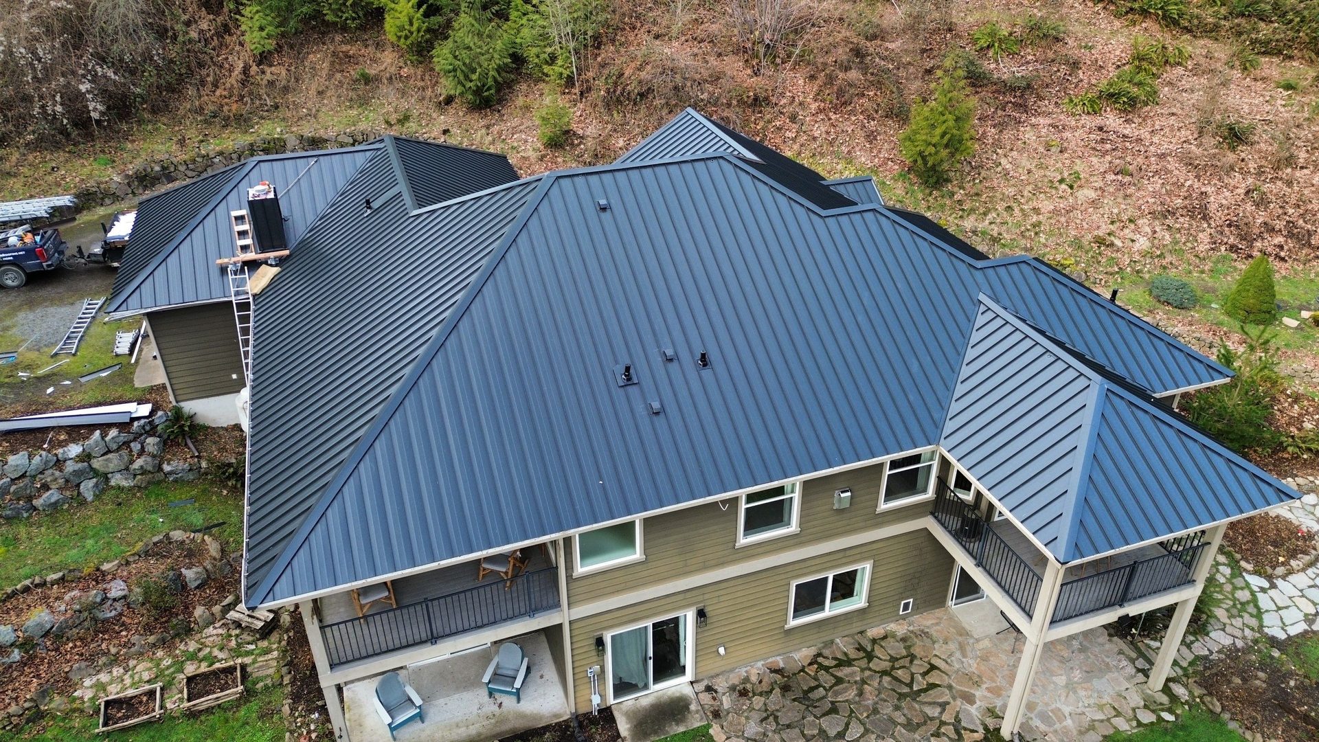 Detail of Matte Black standing seam metal roof showing craftsmanship in Snohomish, WA