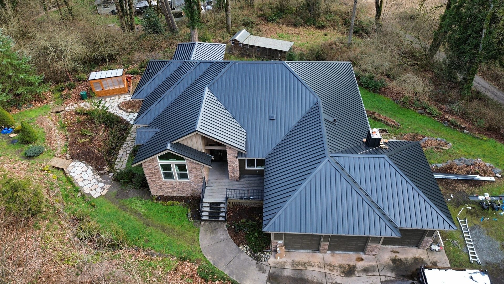 Close-up of Matte Black standing seam metal roof finish in Snohomish, WA