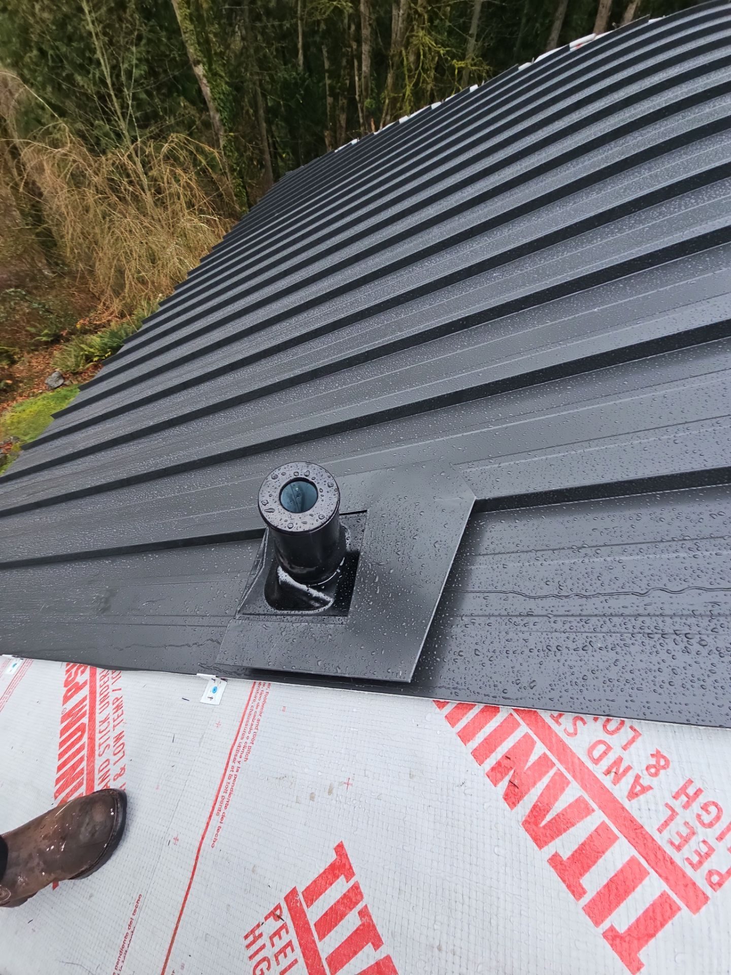 Pre-existing roof damage documented before Matte Black standing seam metal replacement in Snohomish, WA