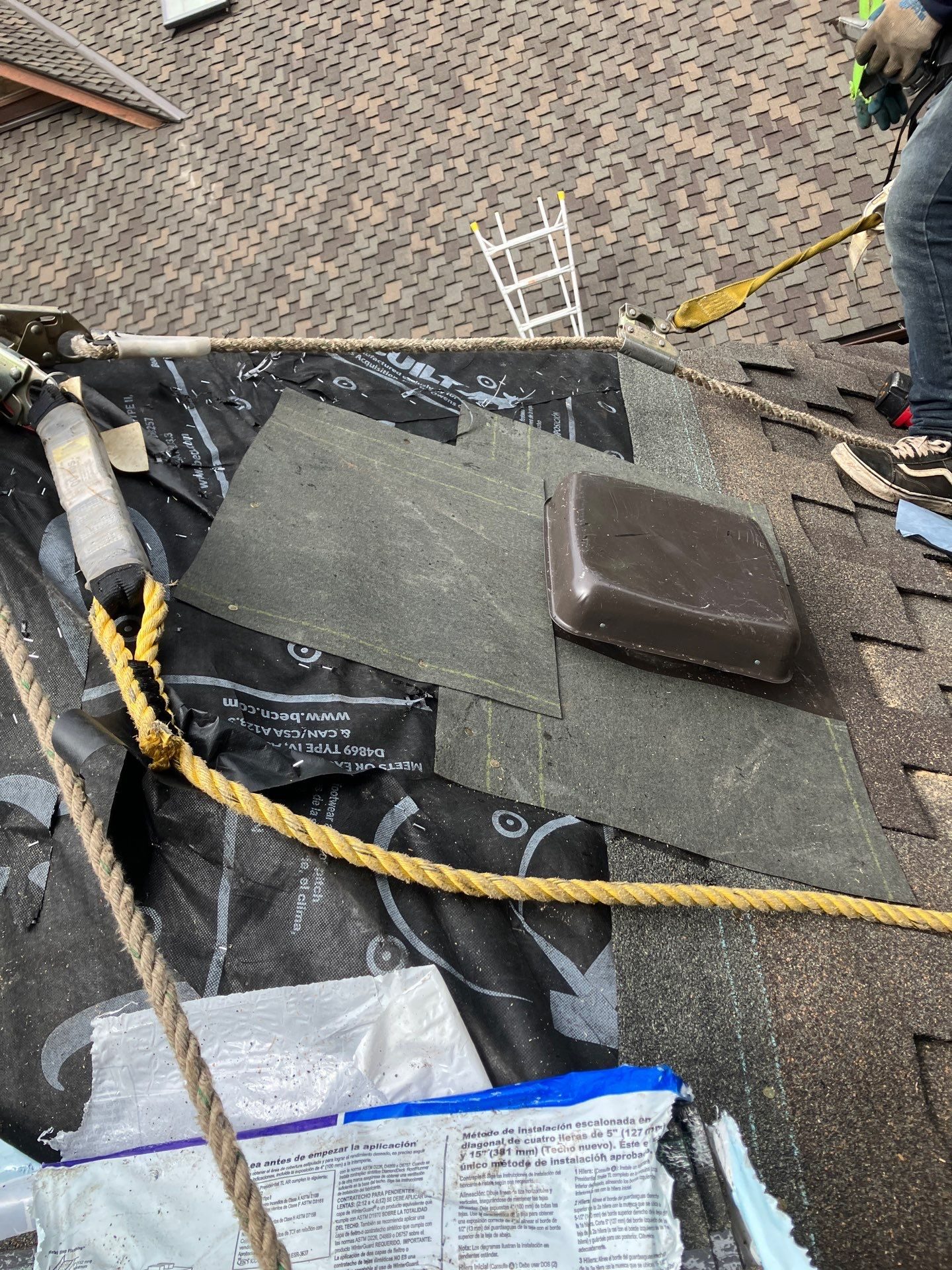 Tear-off and substrate exposure during Autumn Blend CertainTeed Presidential asphalt shingle install in Mill Creek, WA