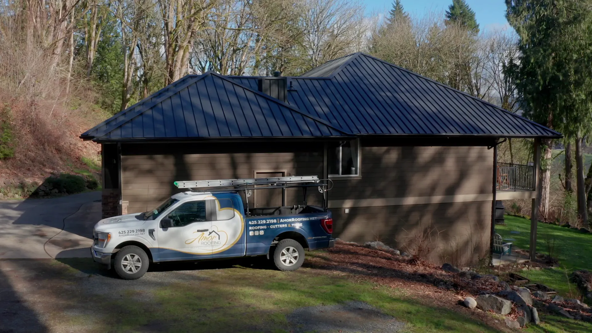 Private residence in Stanwood, drone aerial of Black Carbon standing seam metal