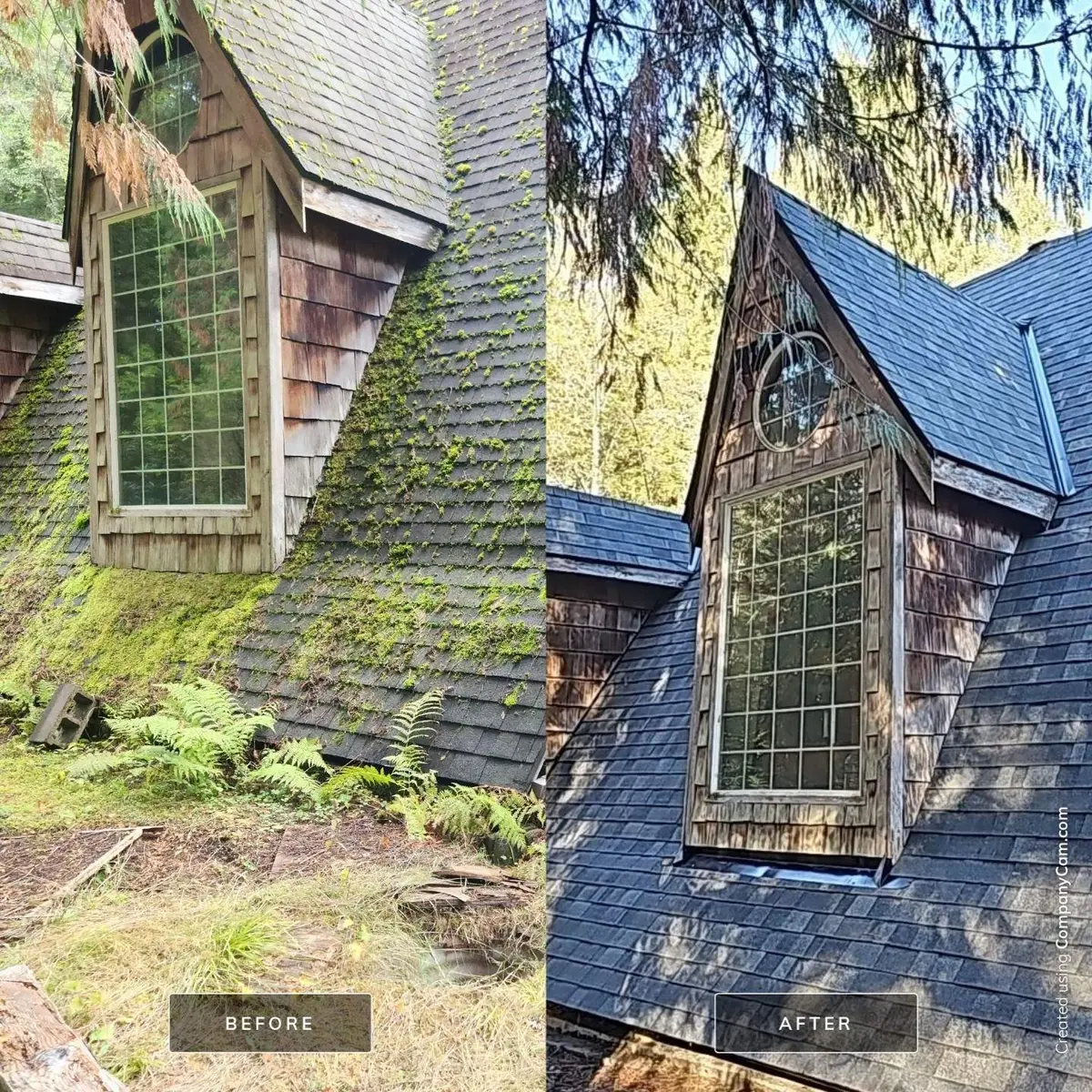Amor Roofing soft-wash roof cleaning in progress