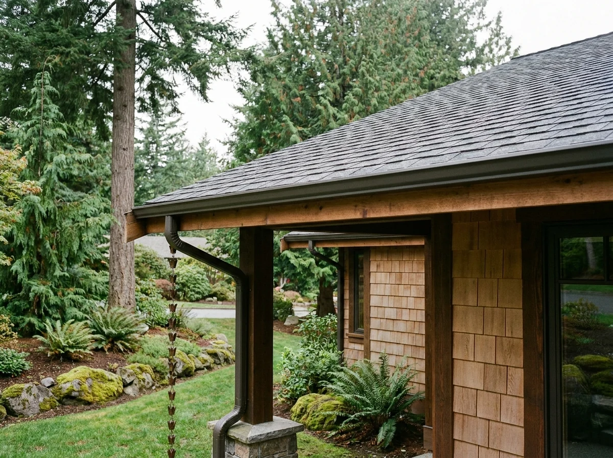 Seamless aluminum K-style rain gutter and downspout on a Pacific Northwest home